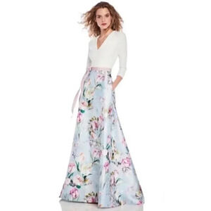 NWT Anthropologie Theia V Neck Crepe Bodice Maxi Dress Short Sleeve White Floral